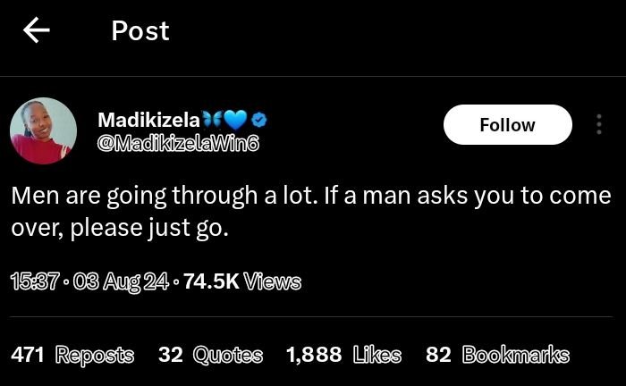 Post madikizela madkizelawin follow men are going through a lot. if a man asks y