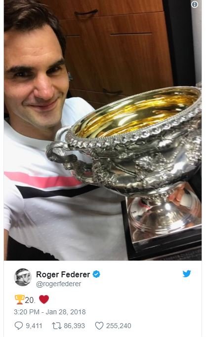 Roger federer rogerfederer 20 320 pm jan 28, 9,411 tj 86,393 255,240