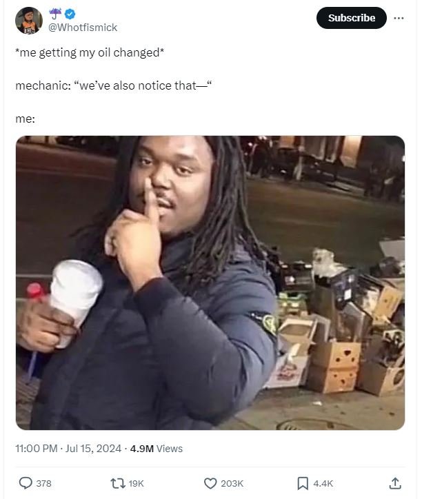 Subscribe whotfismick 'me getting my oil changed mechanic we've also notice that