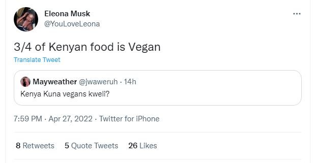 Eleona musk youloveleona 34 of kenyan food is vegan translate tweet mayweather j