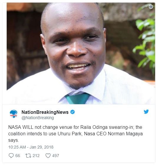 Nationbreakingnews nationbreaking nasa will not change venue for raila odinga sw