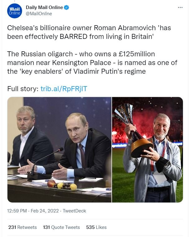 Daily Mail Online Mlail Online MailOnline Chelsea's billionaire owner Roman Abra