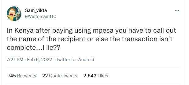 Sam_vikta Victorsam110 In Kenya after paying using mpesa you have to call out th