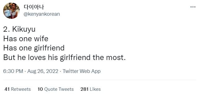 Ctolotlt kenyankorean 2. kikuyu has one wife has one girlfriend but he loves his