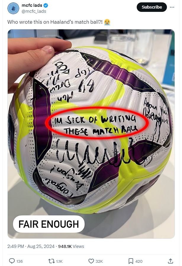 Mcfc lads mcfc_lads subscribe who wrote this on haaland's match ball?! 29 '426 6