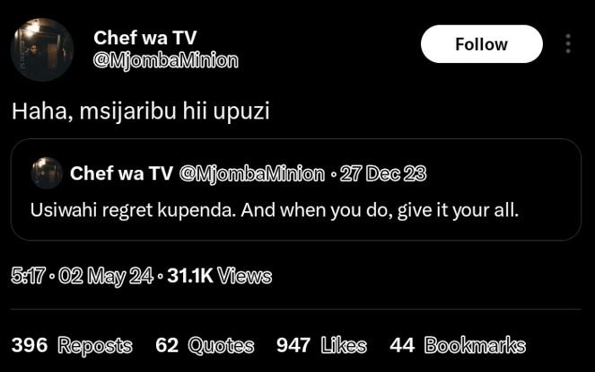 Chef wa tv jombaminion follow haha, msijaribu hii upuzi chef wa tv mjombaminion