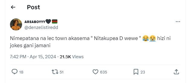 Post areaboyyy denzelistiredd nimepatana na lec town akasema nitakupea d wewe jo