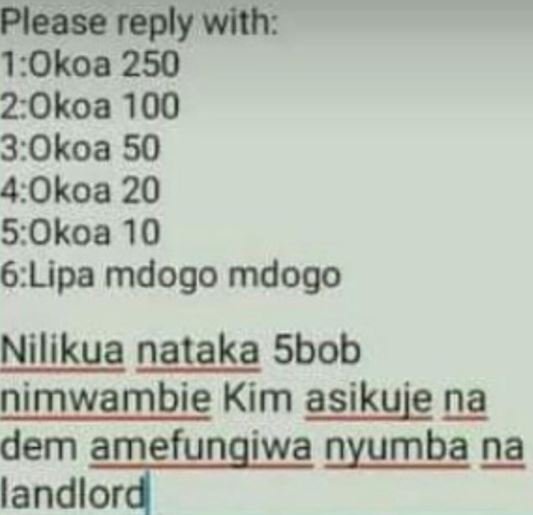 Please reply with 1okoa 250 2okoa 100 3 okoa 50 4okoa 20 5 okoa 10 6 lipa mdogo