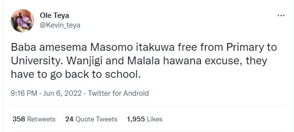 Ole teya kevin_teva baba amesema masomo itakuwa free from primary to university.