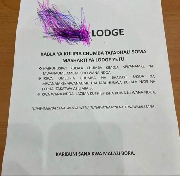 Lodge kabla ya kulipia chumba tafadhali soma masharti ya lodge yetu hairuhusiwi