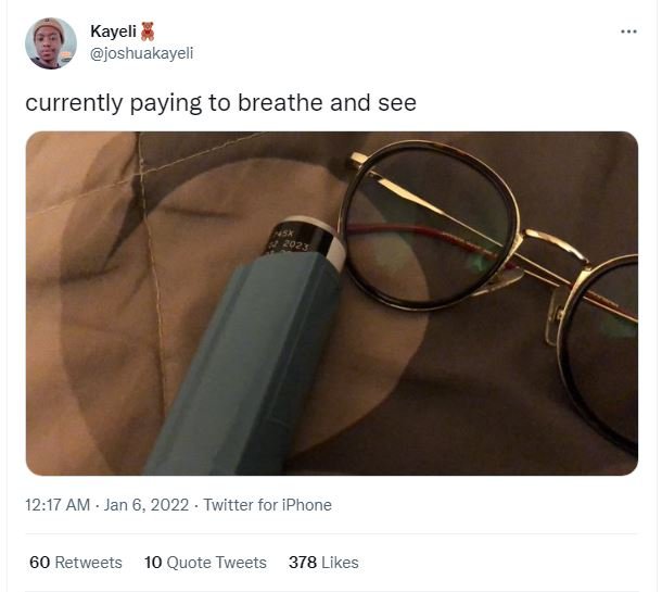 Kayeli joshuakayeli currently paying to breathe and see 12.17 AM Jan 6, Twitter