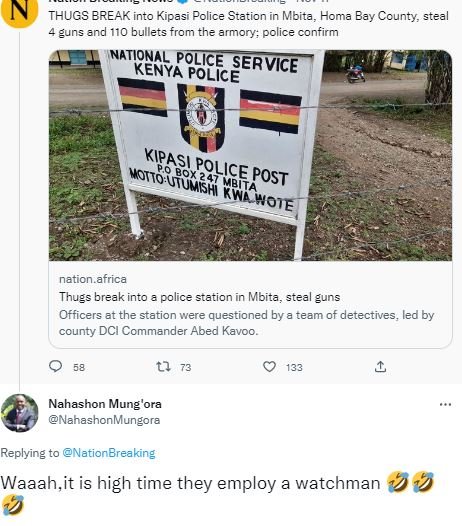 Thugs brek into kipasi police station in mbita homa bay ccunty steal uns and 110