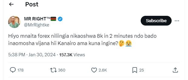 Post mr righttn mrrightke subscribe hiyo mnaita forex niliingia nikaoshwa 8k in