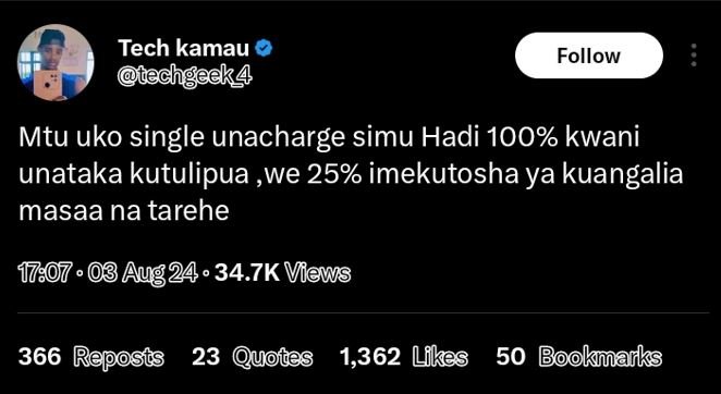 Tech kamau techgeekg follow mtu uko single unacharge simu hadi 100 kwani unataka