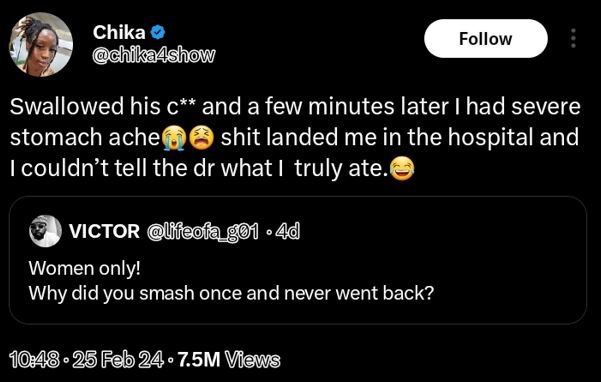 Chika chfkaashow follow swallowed his c and a few minutes later i had severe sto