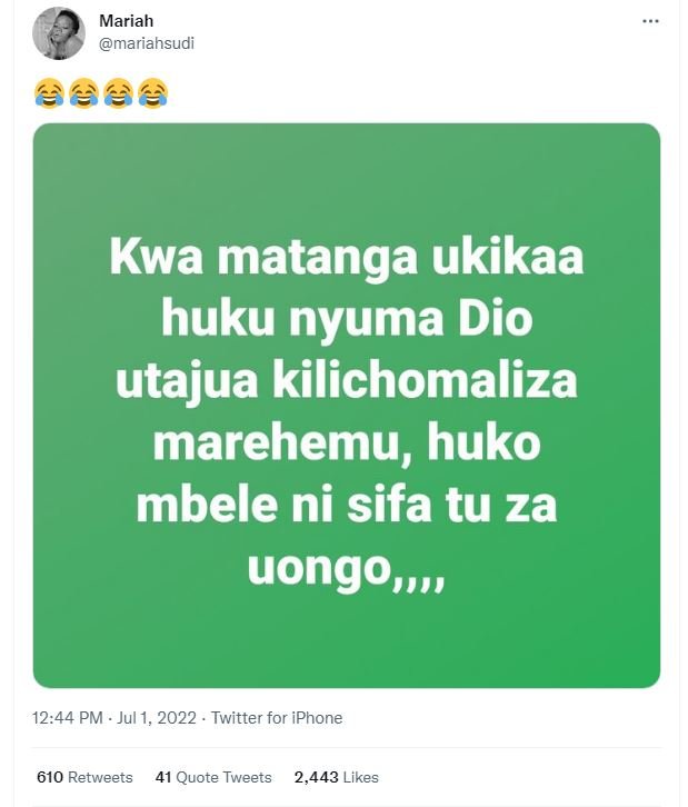 Mariah mariahsudi kwa matanga ukikaa huku nyuma dio utajua kilichomaliza marehem