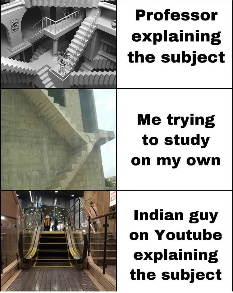 Professor explaining the subject me trying to study on my own indian guy on yout