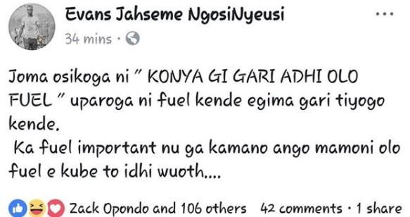 Evans jahseme ngosinyeusi 34 mins joma osikoga ni konya gi gari adhi olo fuel up