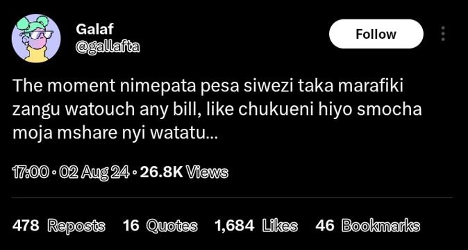 Galaf llafla follow the moment nimepata pesa siwezi taka marafiki zangu watouch