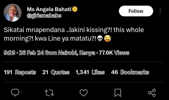 Ms angela bahati giriamababe follow sikatai mnapendana .lakini kissing?! this wh