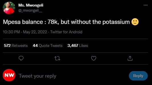 Ms. mwongeli _mwongeli_ mpesa balance 78k, but without the potassium 10.30 pm ma