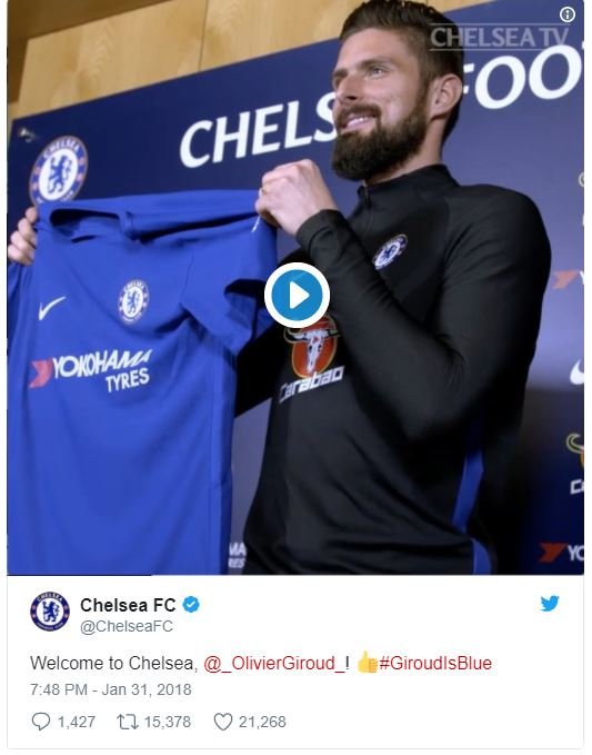 Chelsean oo chelsea fc chelseafc welcome to chelsea oliviergiroud 748 pm jan 31,