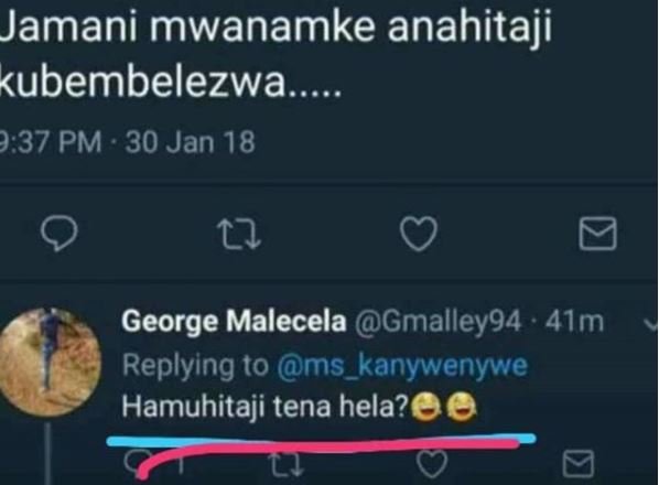 Jamani mwanamke anahitaji ubembelezwa.. .37 pm 30 jan 18 1 george malecela gmall