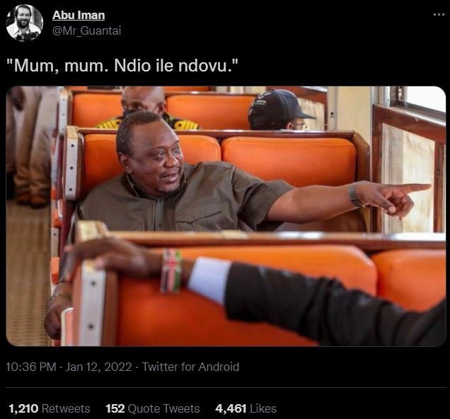 Abulman Mr_Guantai 'Mum, mum. Ndio ile ndovu_ 10.36 PM Jan 12, Twitter for Andro