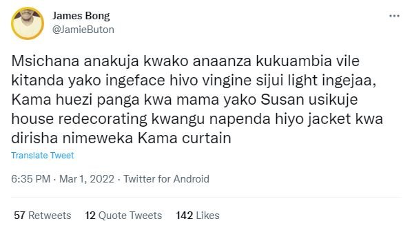 James bong jamiebuton msichana anakuja kwako anaanza kukuambia vile kitanda yako