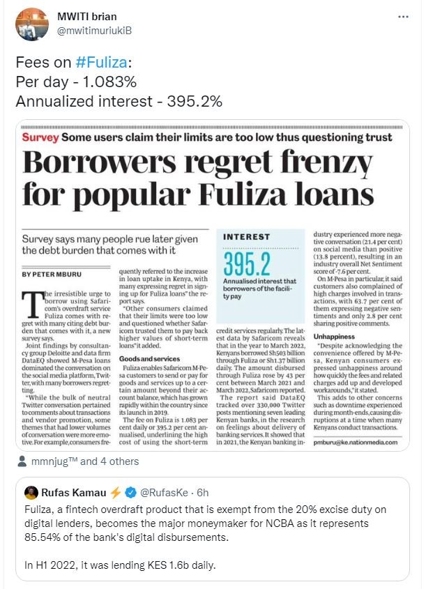 Mwiti brian mwitimuriukib fees on fuliza per day 1. annualized interest 395.2 su