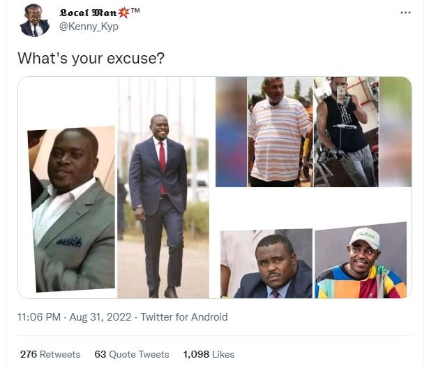 2ocal ołan kenny_kyp what's your excuse? 11.06 pm . aug 31, twitter for android