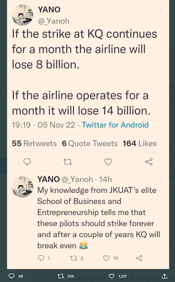 Yano yanoh if the strike at kq continues for a month the airline will lose 8 bil