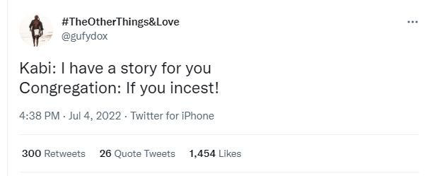 Theotherthingslove gutydox kabi have a story for you congregation if you incest!