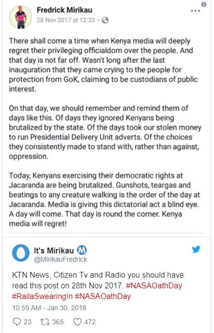 Fredrick mirikau 28 nov at 12.20 there shall come a time when kenya media will d