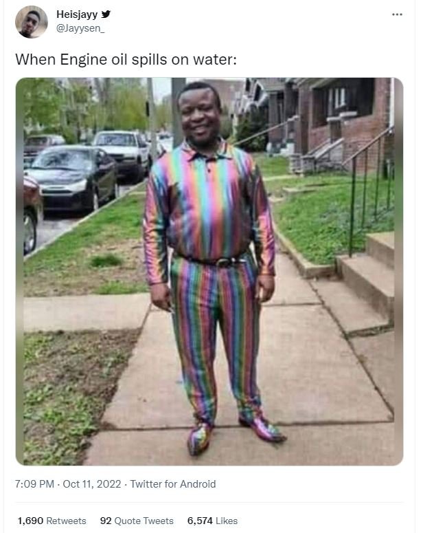 Heisjayy jayysen _ when engine oil spills on water 7.09 pm oct 11, twitter for a