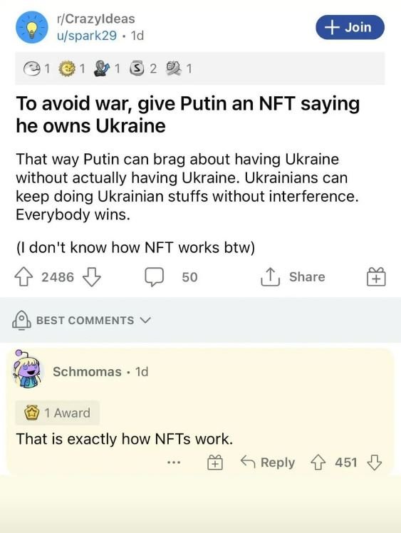 rICrazyldeas ulspark29 Id Join 6 2 To avoid war, give Putin an NFT saying he own