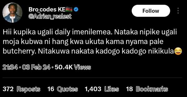 Bro_codes ke adrianrealest follow hii kupika ugali daily imenilemea. nataka nipi