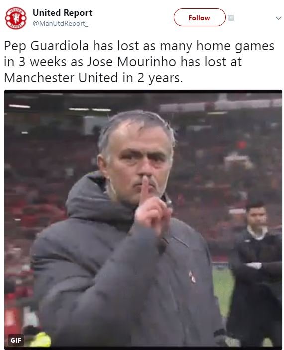 United report manutdreport_ follow pep guardiola has lost as many home games in