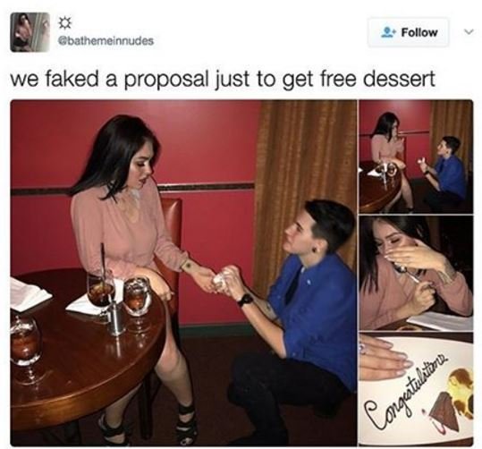 Follow cbanheme nnudes we faked a proposal just to get free dessert caguloa