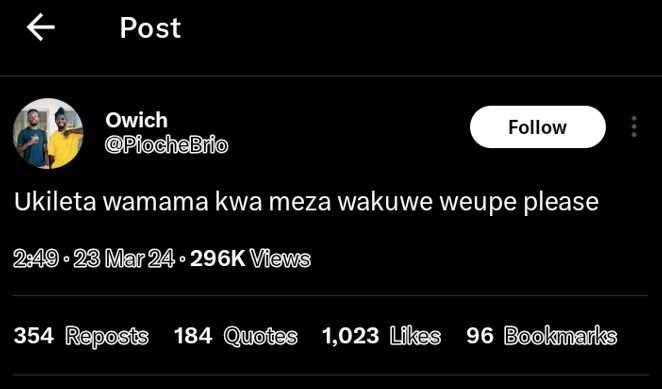 Post owich piochebrio follow ukileta wamama kwa meza wakuwe weupe please mar24 2