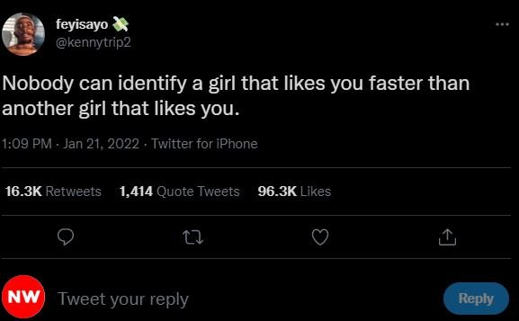 feyisayo kennytrip2 Nobody can identify a girl that likes you faster than anothe