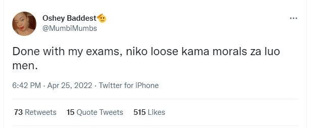 Oshey baddest mumbimumbs done with my exams, niko loose kama morals za luo men.