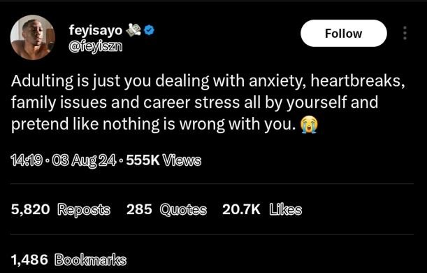 Feyisayo eyiszn follow adulting is just you dealing with anxiety heartbreaks, fa
