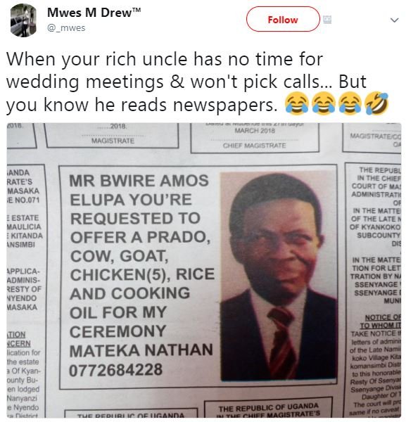 Mwes m dreww mwes follow when your rich uncle has no time for wedding meetings w