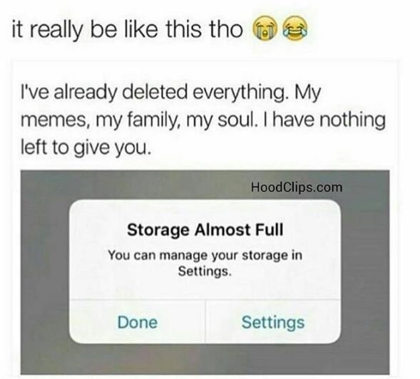 It really be like this tho ive already deleted everything. my memes, my family m