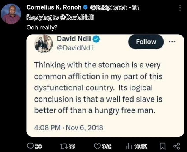 Cornelius k. ronoh uiskppronoh 3 replyfng t davidnam ooh really? david ndil foll