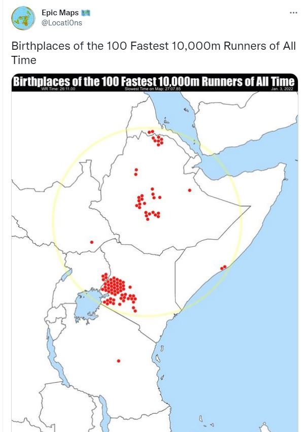 Epic Maps LocatiOns Birthplaces of the 100 Fastest 1O,OOOm Runners of AIl Time B