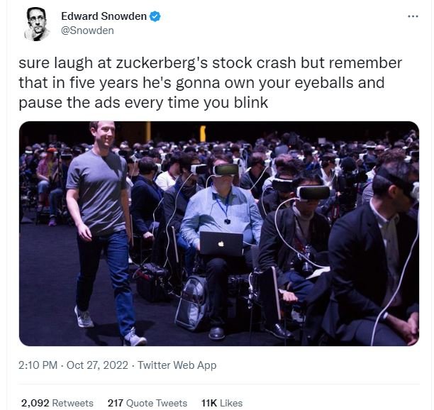 Edward snowden snowden sure laugh at zuckerberg 's stock crash but remember that