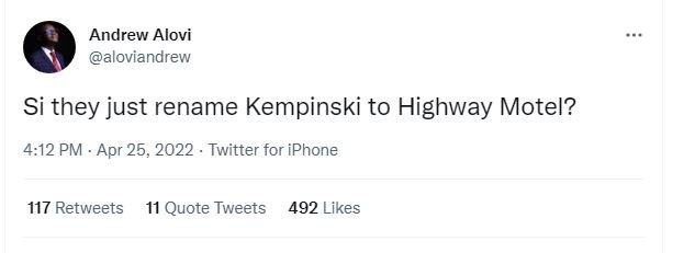 Andrew alovi aloviandrew si they just rename kempinski to highway motel? 4.12 pm
