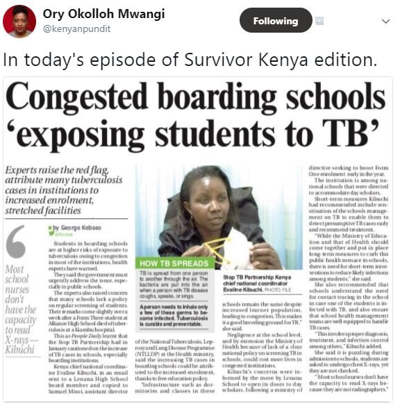 Ory okolloh mwangi kenyanpundit following in today's episode of survivor kenya e